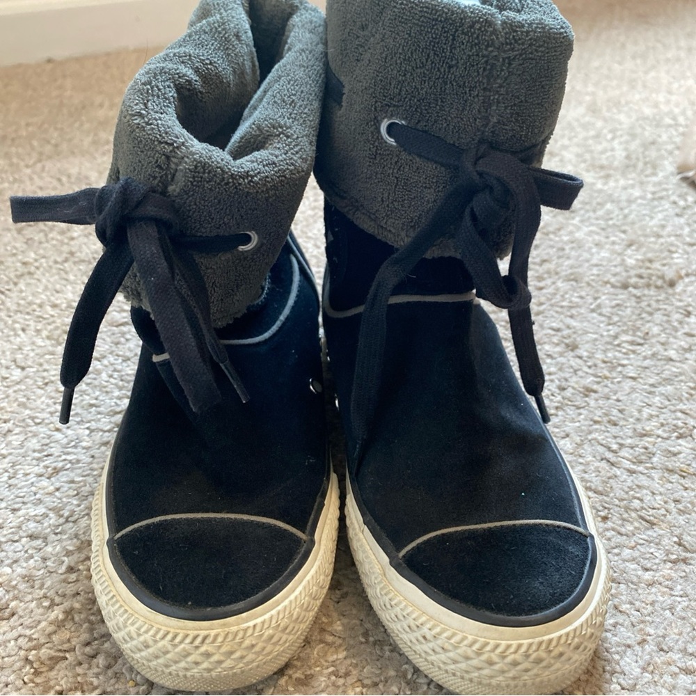 Black Suede and Gray Fleece High-Top Sneakers